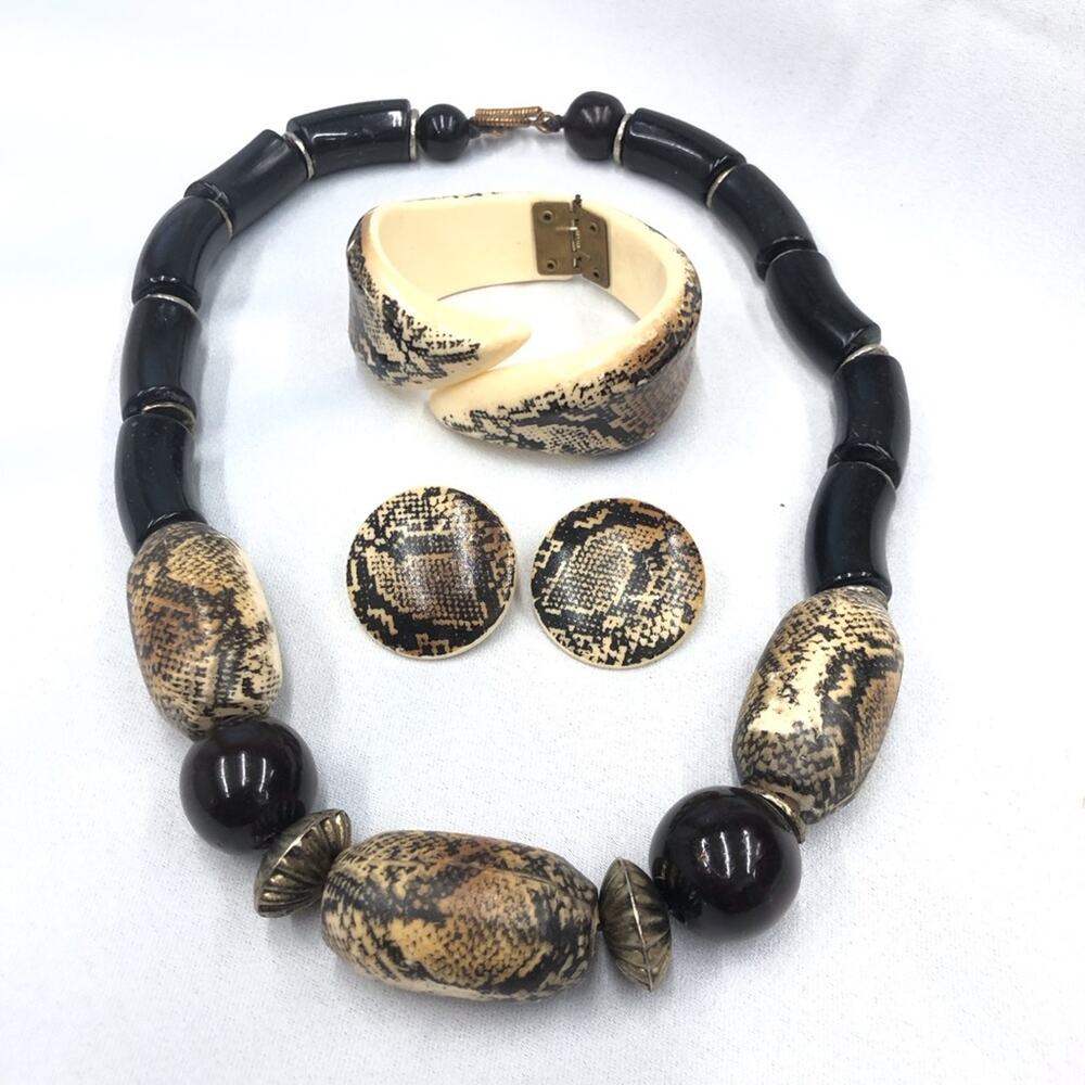 Vintage Black Tan Chunky Necklace Bracelet Earrings Set - Picture 11 of 16